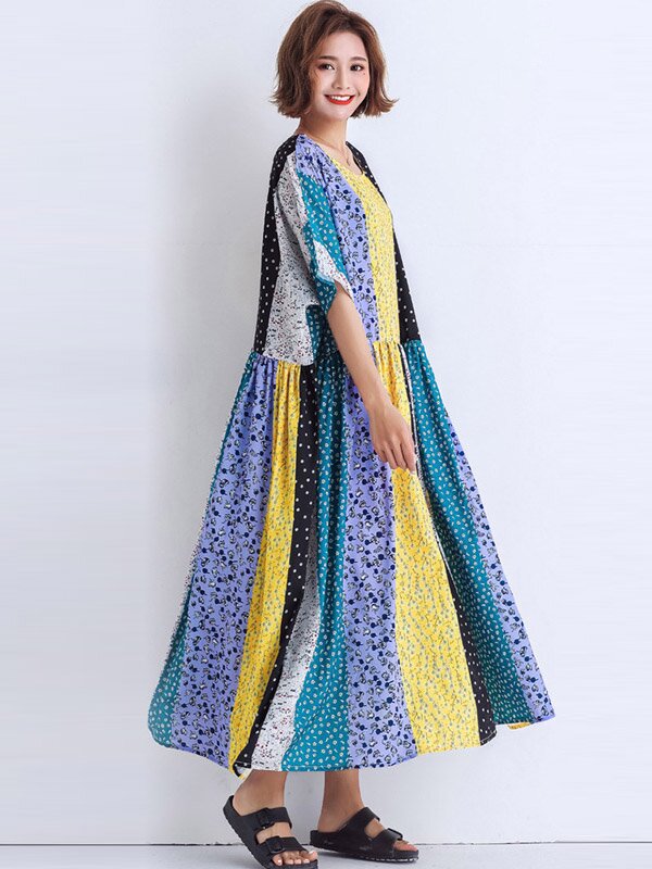 Women Print Split-Joint Round-Neck Short Sleeves Midi Dress-Maxi Dresses-The same as picture-Free Size-Free Shipping at meselling99