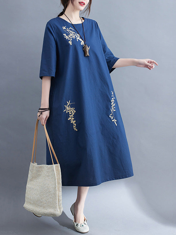 Embroidery Vintae Color Half-Sleeve Long Dress-Maxi Dresses-Free Shipping at meselling99