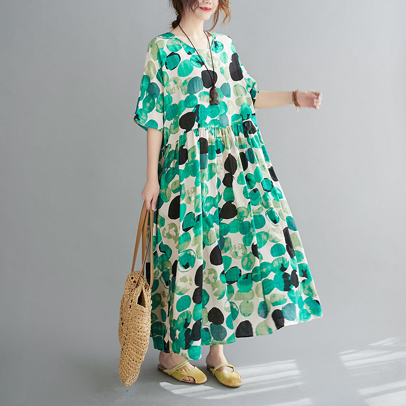 Women Cotton Round-Neck Half Sleeves Polka-Dot Maxi Dress-Maxi Dresses-GREEN-FREE SIZE-Free Shipping at meselling99
