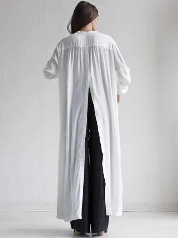 White/White Solid Lapel Long Sleeves Long Shirt Dress-Maxi Dresses-Free Shipping at meselling99