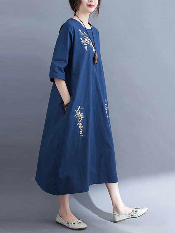 Embroidery Vintae Color Half-Sleeve Long Dress-Maxi Dresses-Free Shipping at meselling99