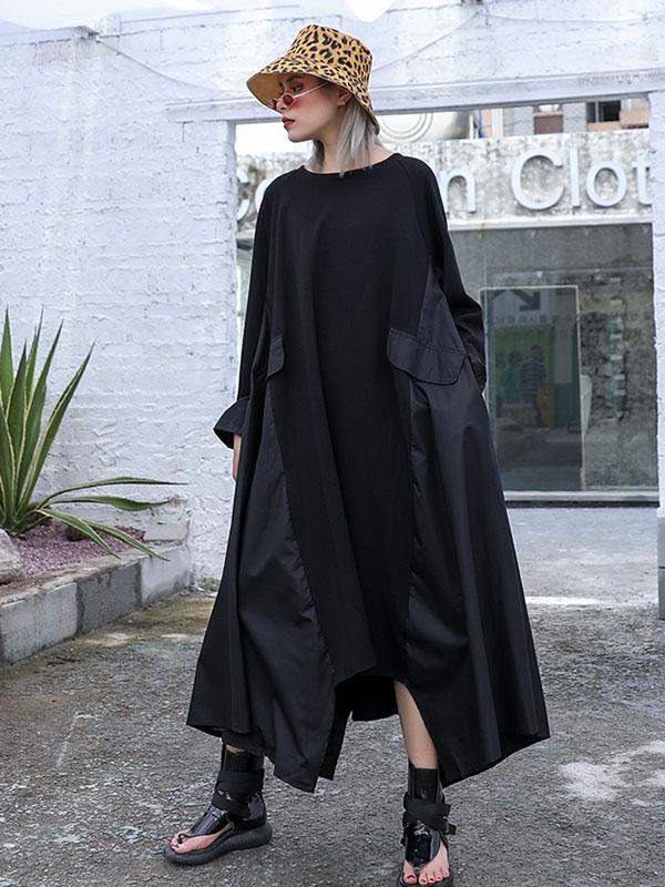 Black Loose A-line Cropped Long Sleeves Long Dress-Maxi Dresses-FREE SIZE-BLACK-Free Shipping at meselling99