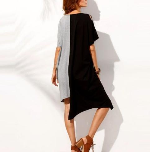 Asymmetric Split-Joint Contrast Plus Sizes Loose Batwing Sleeve Dress-Mini Dresses-Free Shipping at meselling99