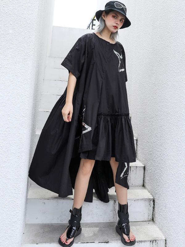 Black Oversize Asymmetric Stars Dress-Maxi Dreses-Free Size-Black-Free Shipping at meselling99