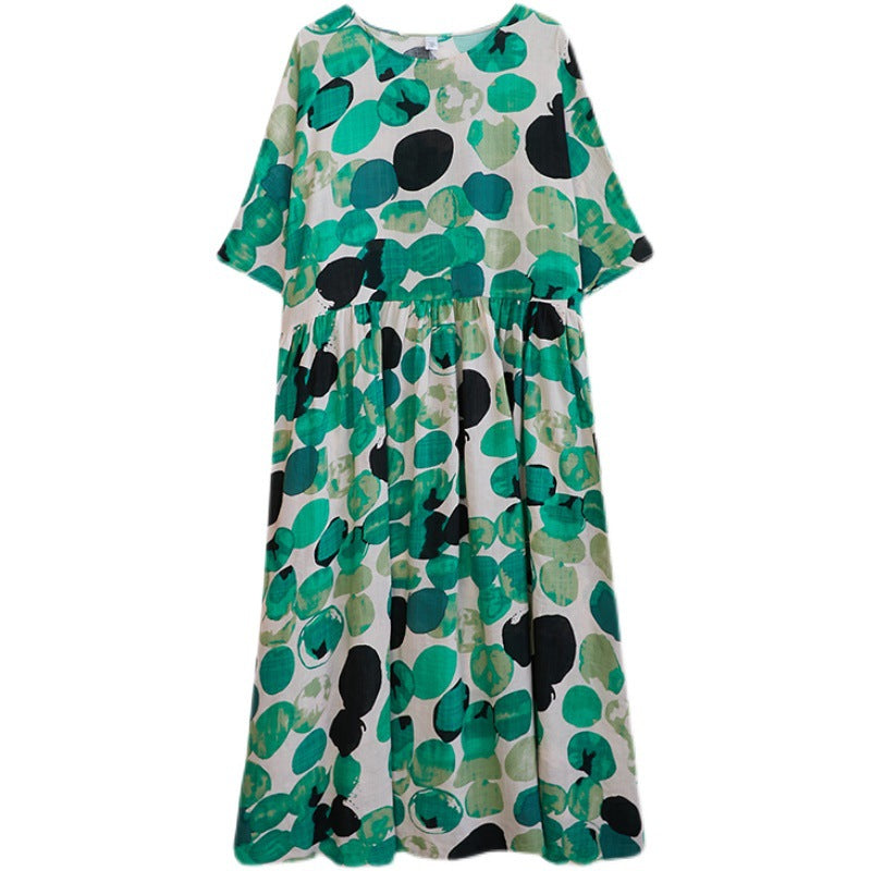 Women Cotton Round-Neck Half Sleeves Polka-Dot Maxi Dress-Maxi Dresses-GREEN-FREE SIZE-Free Shipping at meselling99