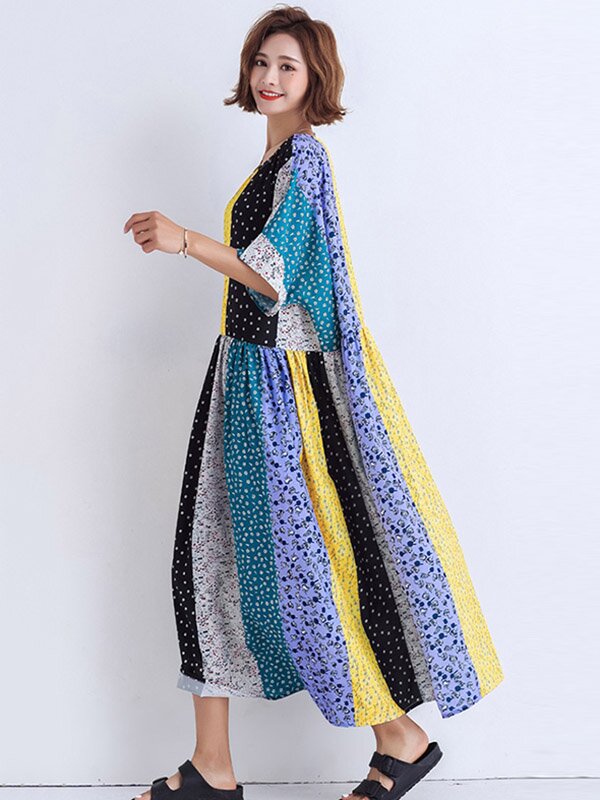 Women Print Split-Joint Round-Neck Short Sleeves Midi Dress-Maxi Dresses-The same as picture-Free Size-Free Shipping at meselling99