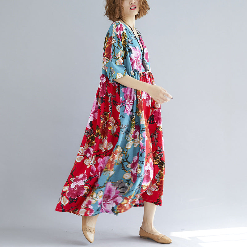 Women Ethnic Printed Plus Size Floral Print Loose Dress-Maxi Dresses-SAME AS PICTURE-FREE SIZE-Free Shipping at meselling99