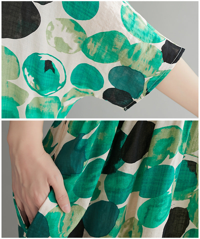 Women Cotton Round-Neck Half Sleeves Polka-Dot Maxi Dress-Maxi Dresses-GREEN-FREE SIZE-Free Shipping at meselling99