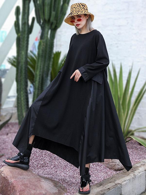 Black Loose A-line Cropped Long Sleeves Long Dress-Maxi Dresses-FREE SIZE-BLACK-Free Shipping at meselling99