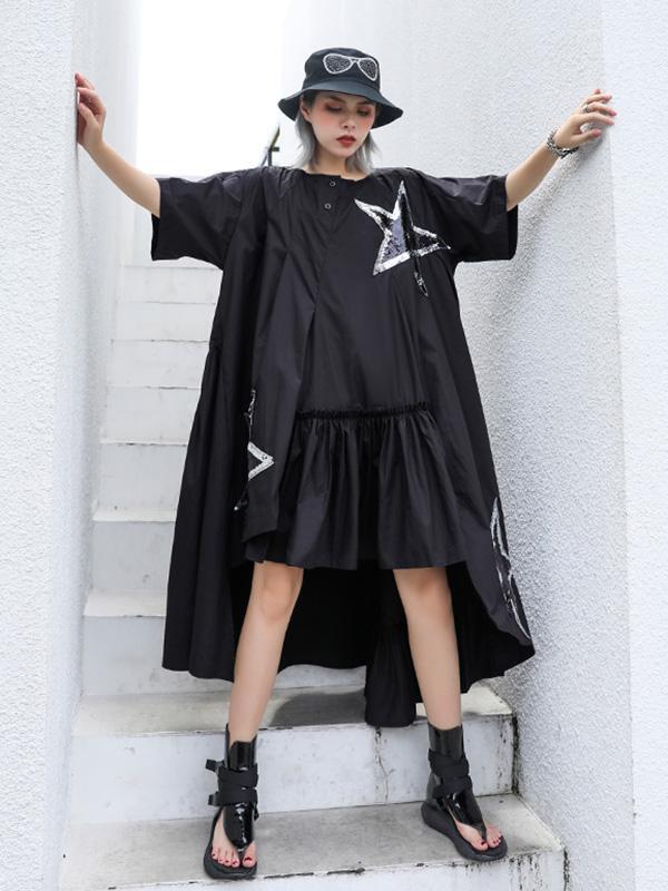 Black Oversize Asymmetric Stars Dress-Maxi Dreses-Free Size-Black-Free Shipping at meselling99