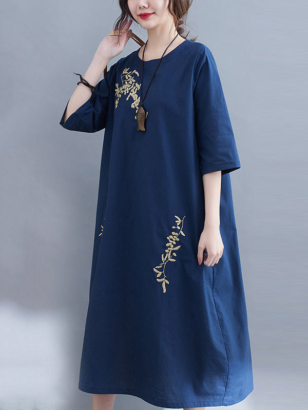 Embroidery Vintae Color Half-Sleeve Long Dress-Maxi Dresses-Free Shipping at meselling99