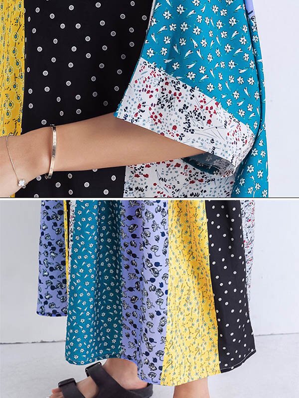 Women Print Split-Joint Round-Neck Short Sleeves Midi Dress-Maxi Dresses-The same as picture-Free Size-Free Shipping at meselling99