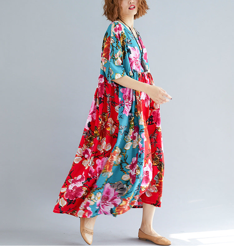 Women Ethnic Printed Plus Size Floral Print Loose Dress-Maxi Dresses-SAME AS PICTURE-FREE SIZE-Free Shipping at meselling99