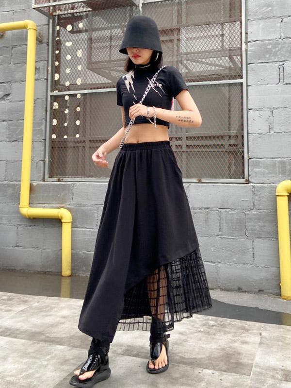 Black Casual Split-Joint Gauze A-Line Long Skirts-FREE SIZE-BLACK-Free Shipping at meselling99