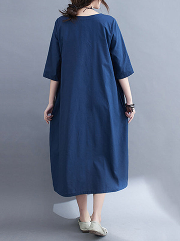 Embroidery Vintae Color Half-Sleeve Long Dress-Maxi Dresses-Free Shipping at meselling99