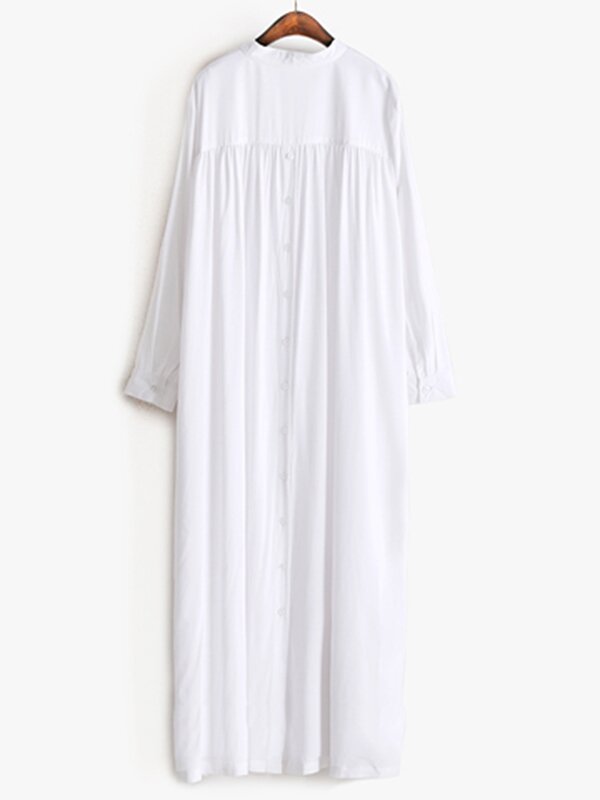 White/White Solid Lapel Long Sleeves Long Shirt Dress-Maxi Dresses-Free Shipping at meselling99