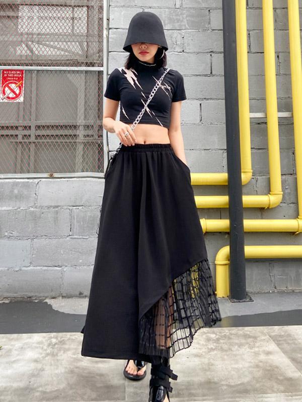 Black Casual Split-Joint Gauze A-Line Long Skirts-FREE SIZE-BLACK-Free Shipping at meselling99