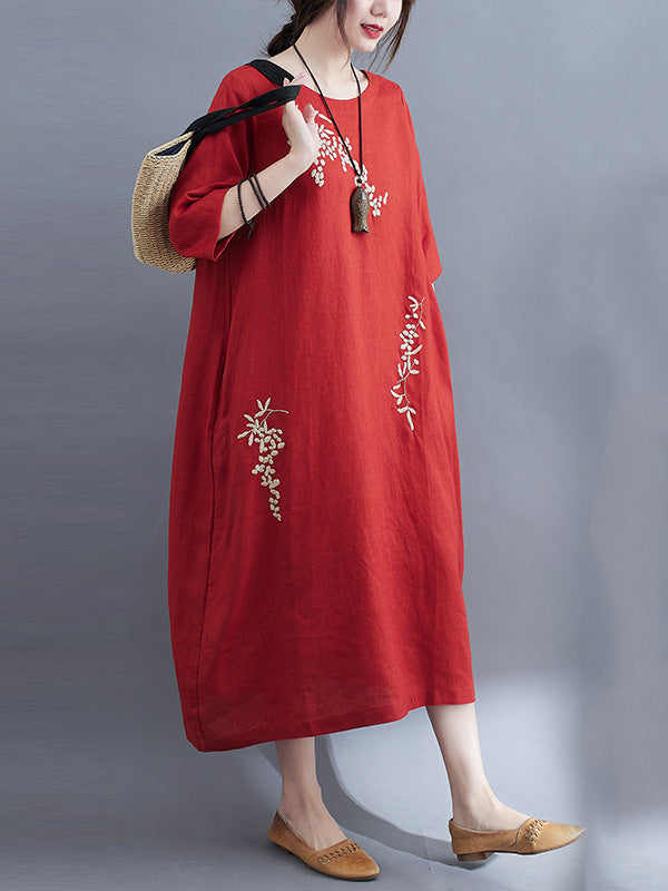 Embroidery Vintae Color Half-Sleeve Long Dress-Maxi Dresses-Free Shipping at meselling99