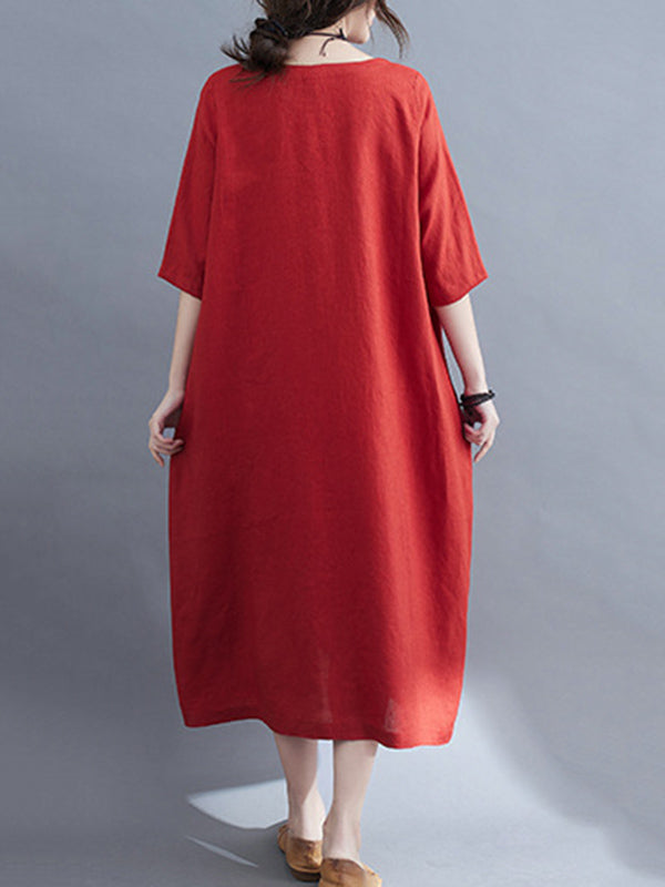 Embroidery Vintae Color Half-Sleeve Long Dress-Maxi Dresses-Free Shipping at meselling99