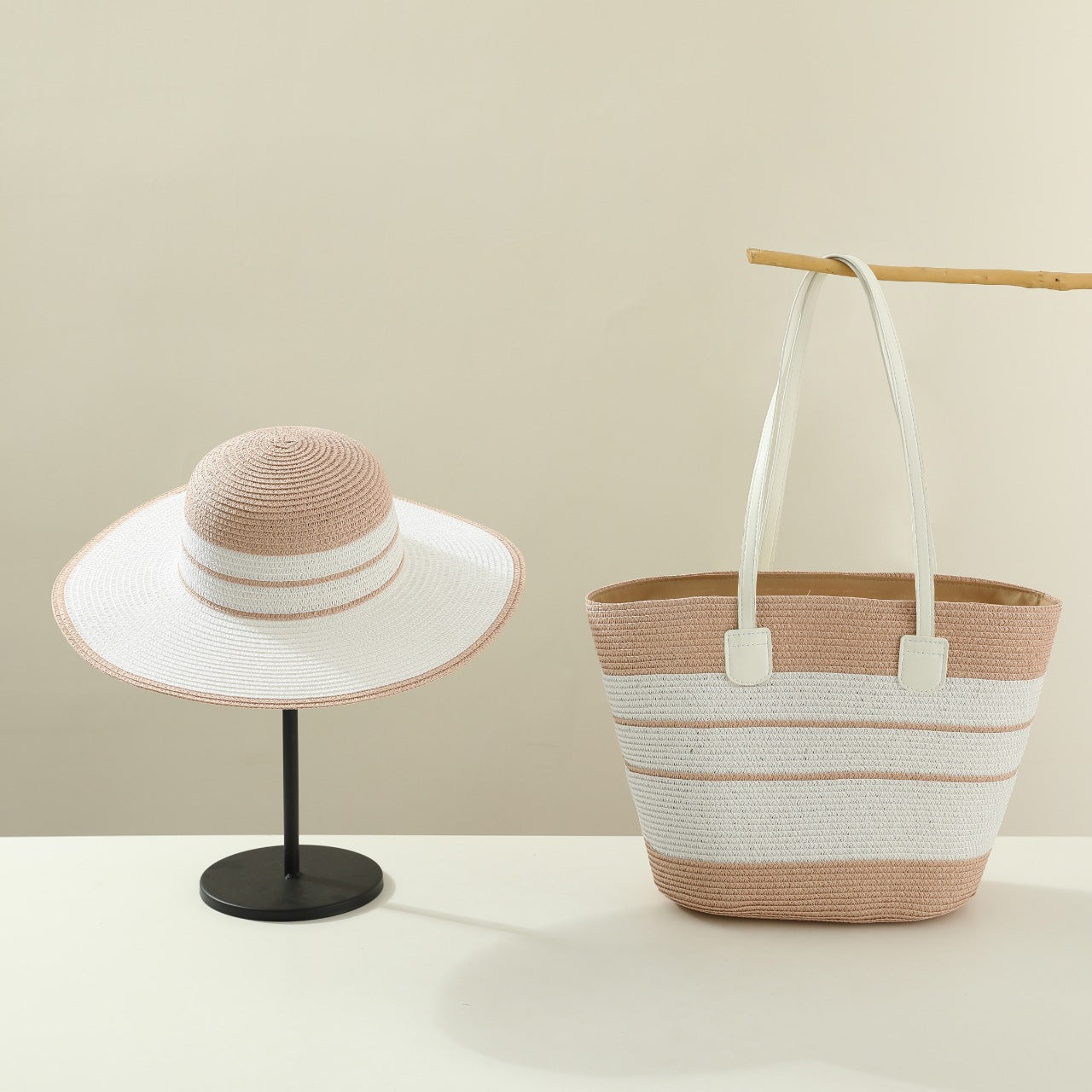 Handmade Designer Beach Straw Hat and Bag Set for Women