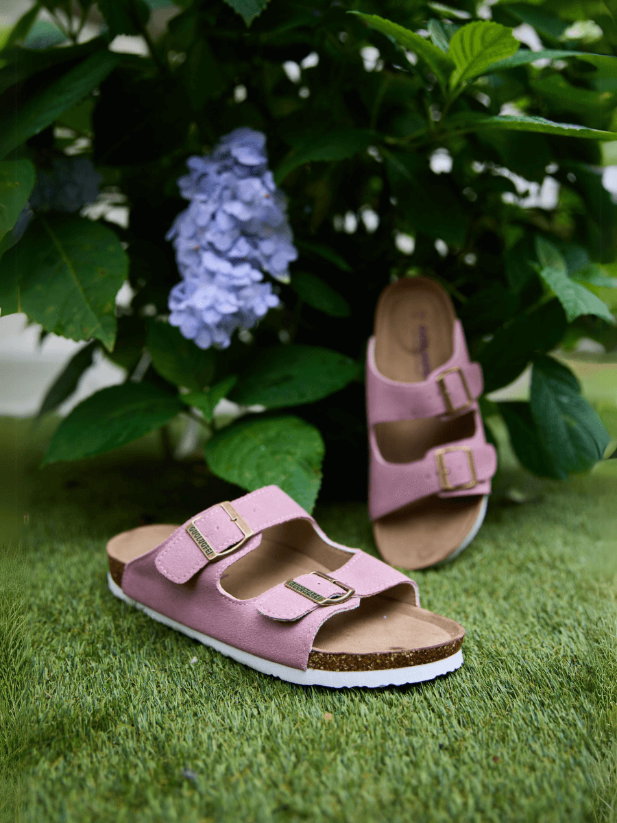 Double Strap Suede Footbed Sandal - Pink