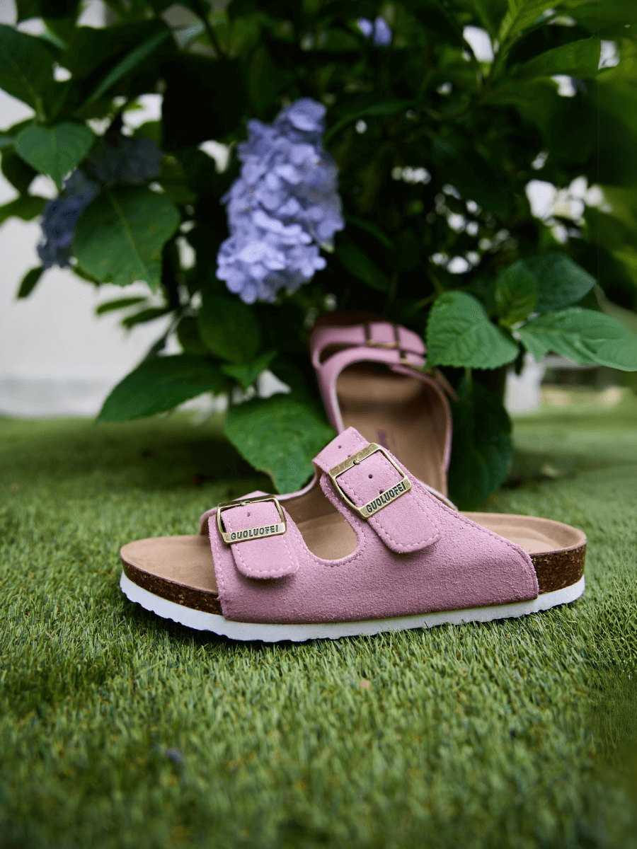 Double Strap Suede Footbed Sandal - Pink