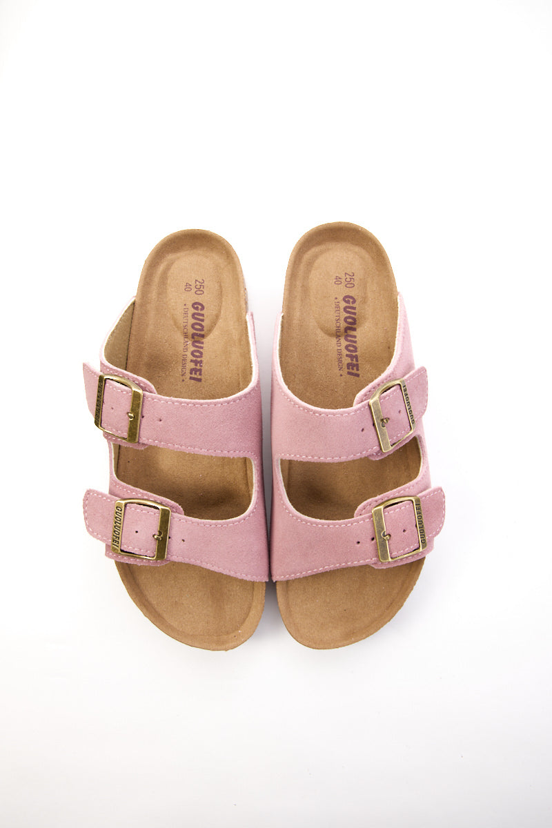 Double Strap Suede Footbed Sandal - Pink