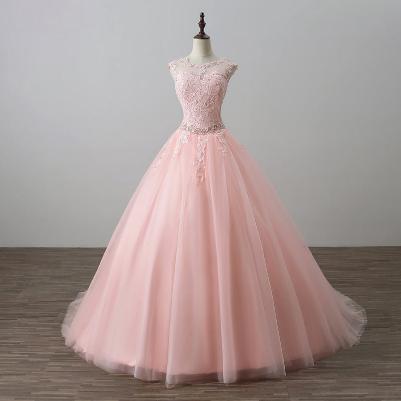 Sleeveless Lace Beaded Pink Ball Gown Dress