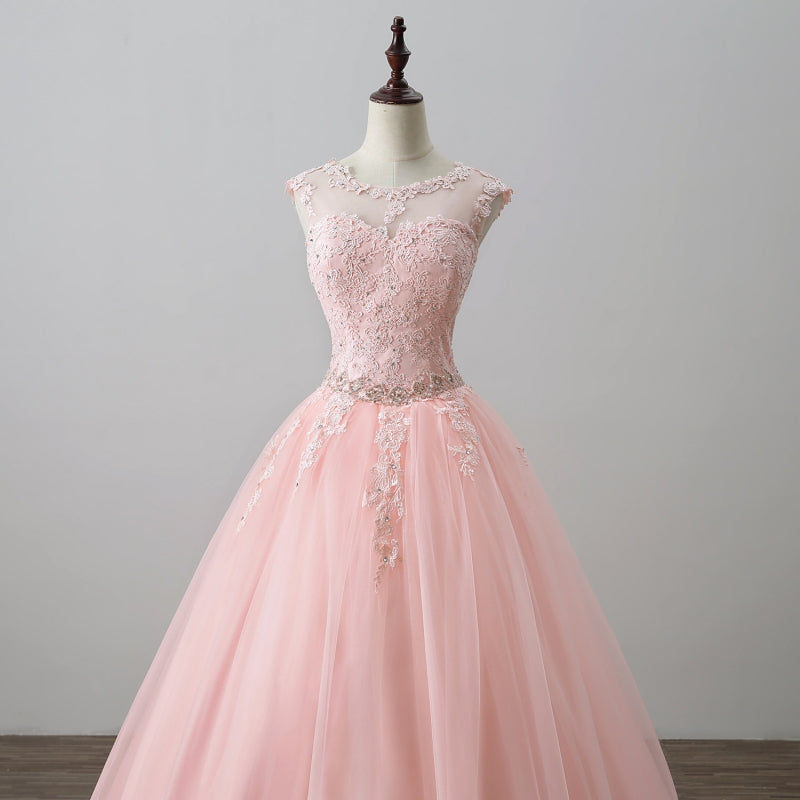 Sleeveless Lace Beaded Pink Ball Gown Dress
