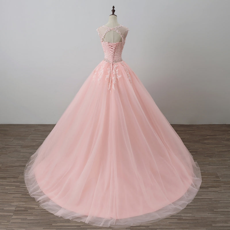 Sleeveless Lace Beaded Pink Ball Gown Dress