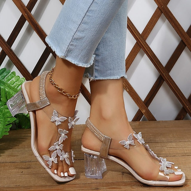 Plus Size Rhinestone Butterfly Square Toe High Heel Sandals