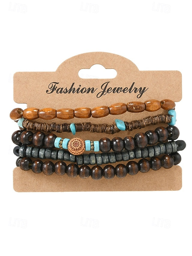 Men's Bohemian Stackable Wood Bead Bracelet Set