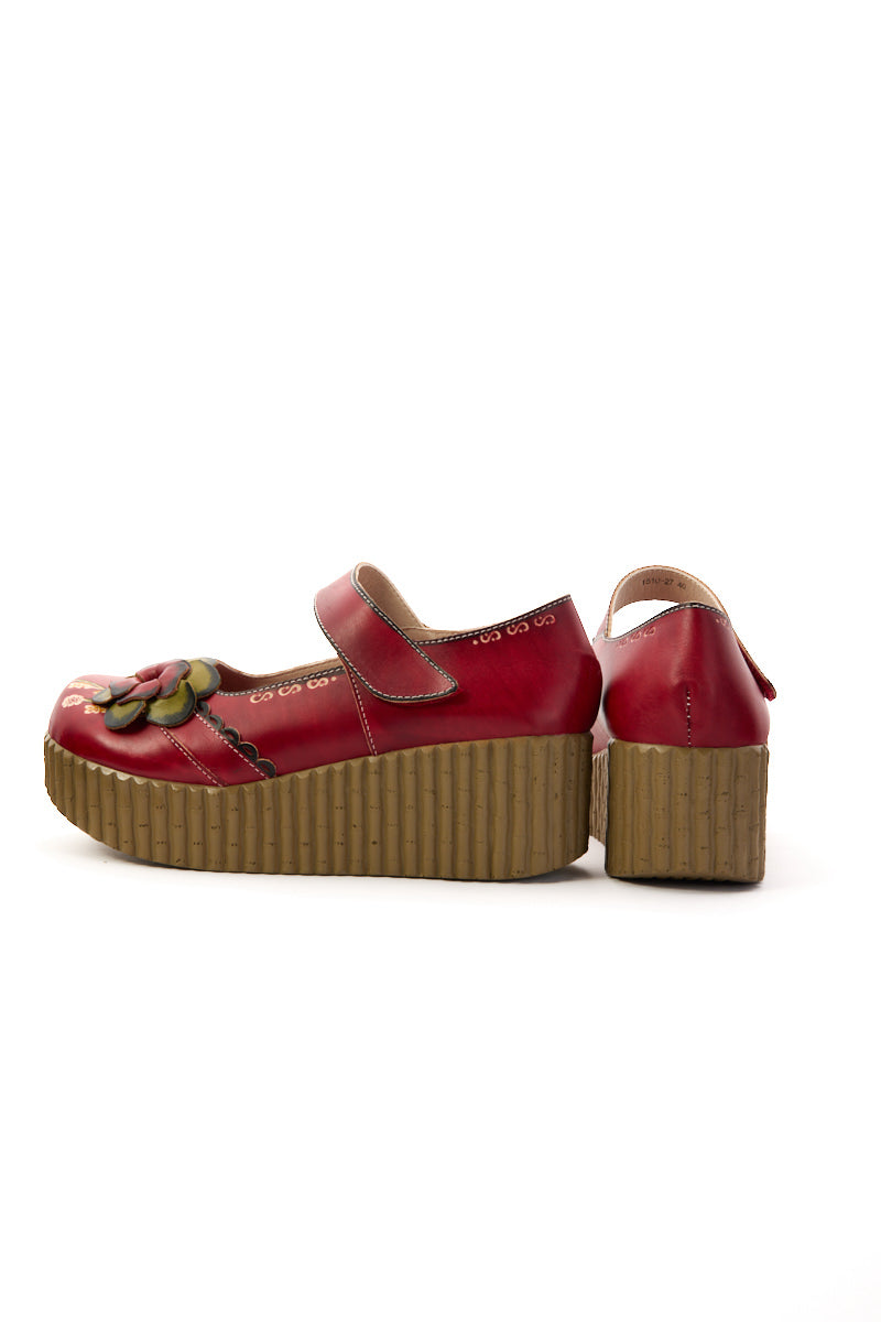 Darya Floral Leather Wedge Mary Jane - Red