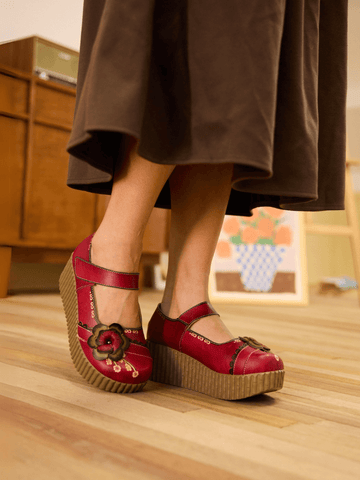 Darya Floral Leather Wedge Mary Jane - Red