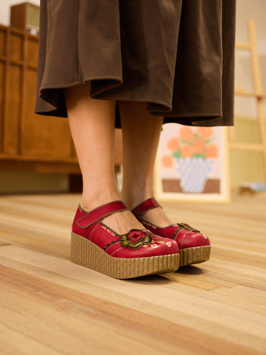 Darya Floral Leather Wedge Mary Jane - Red