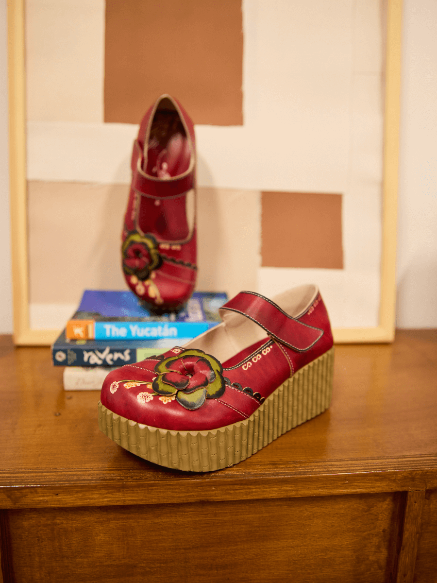 Darya Floral Leather Wedge Mary Jane - Red