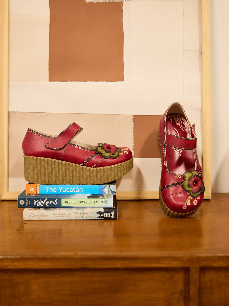 Darya Floral Leather Wedge Mary Jane - Red