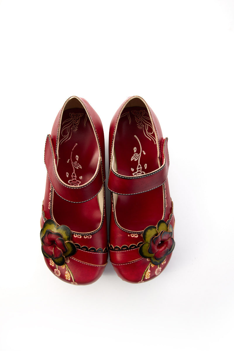 Darya Floral Leather Wedge Mary Jane - Red