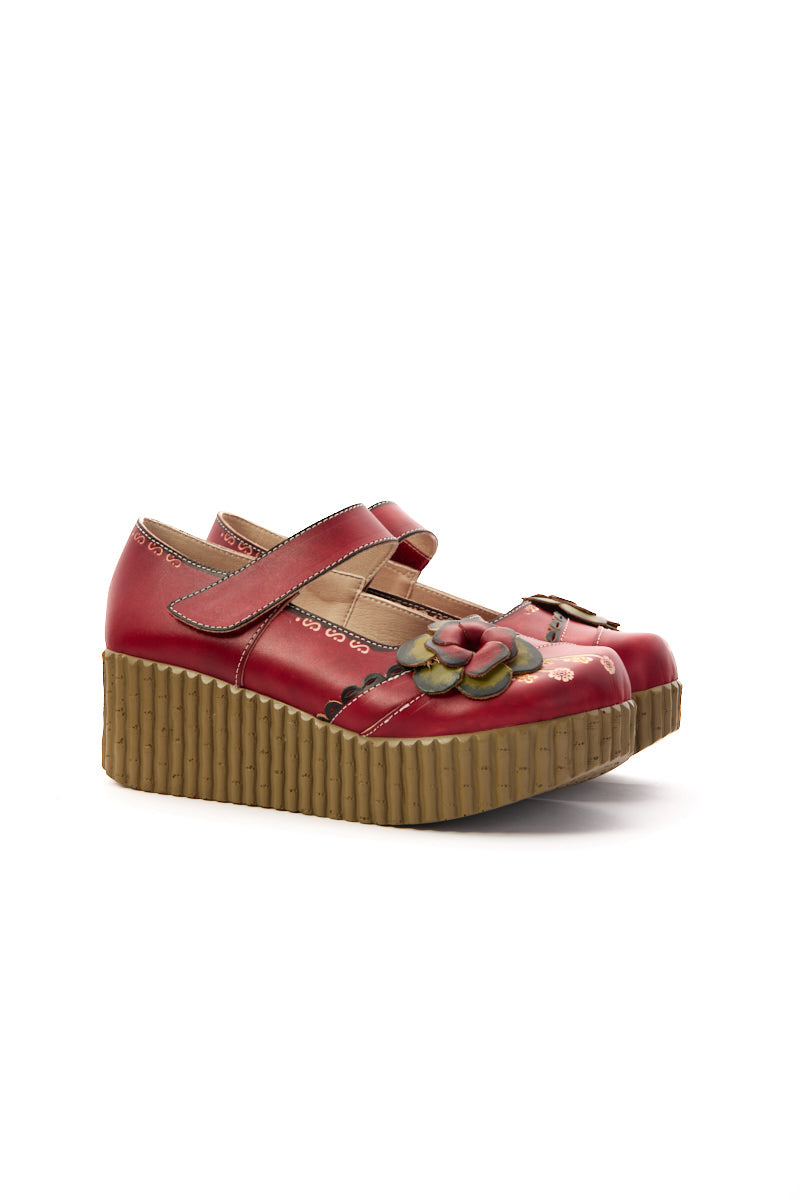Darya Floral Leather Wedge Mary Jane - Red