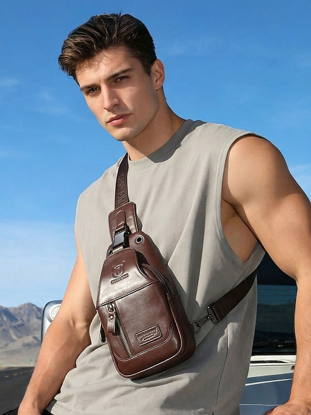 Men's Genuine Leather Sling Bag - Vintage Crossbody Chest Pack with Multi-Compartments & Large Capacity, Adjustable Strap for Business Commute, Travel & Daily Casual, Multiple Colors