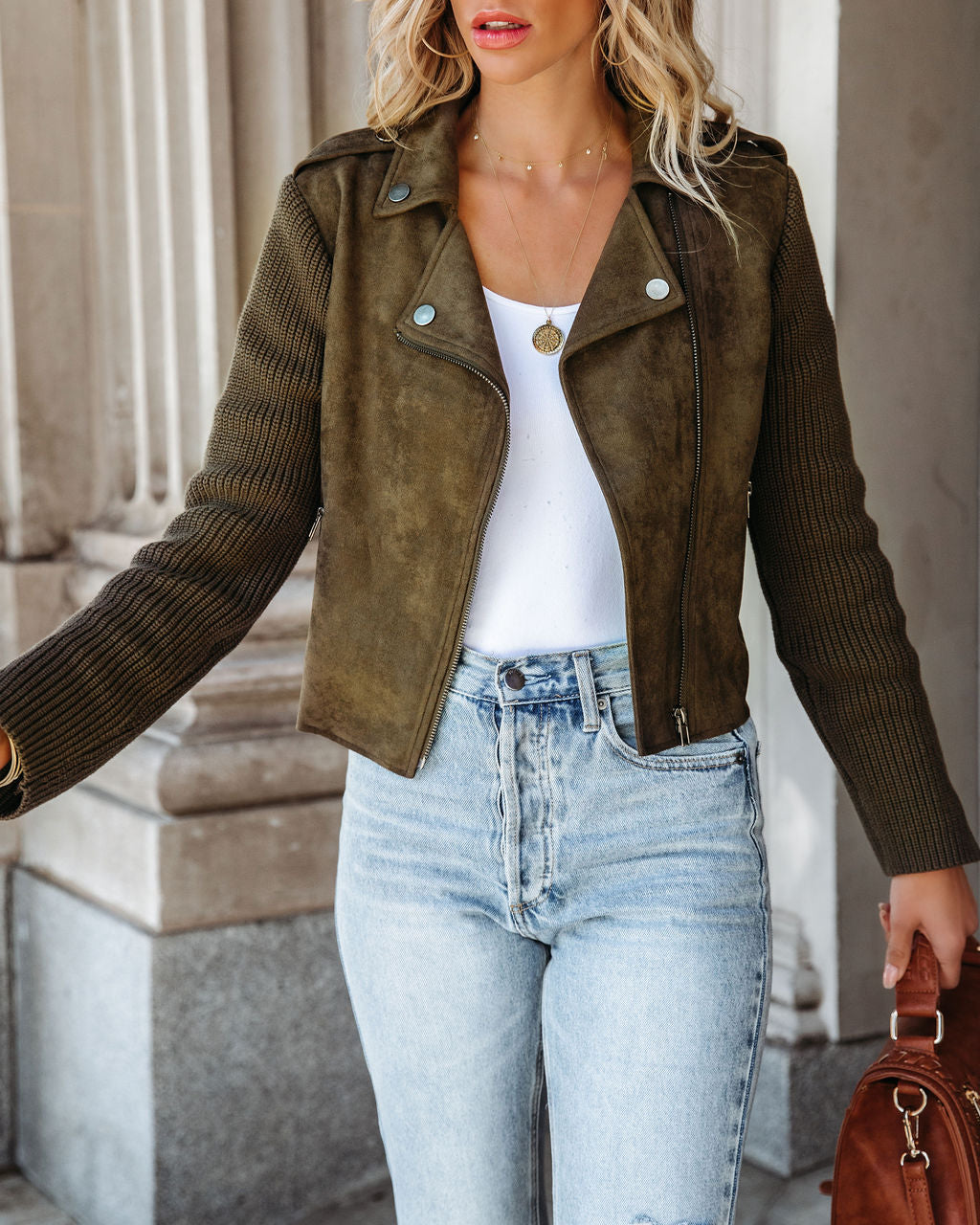 Roland Faux Suede Contrast Knit Moto Jacket