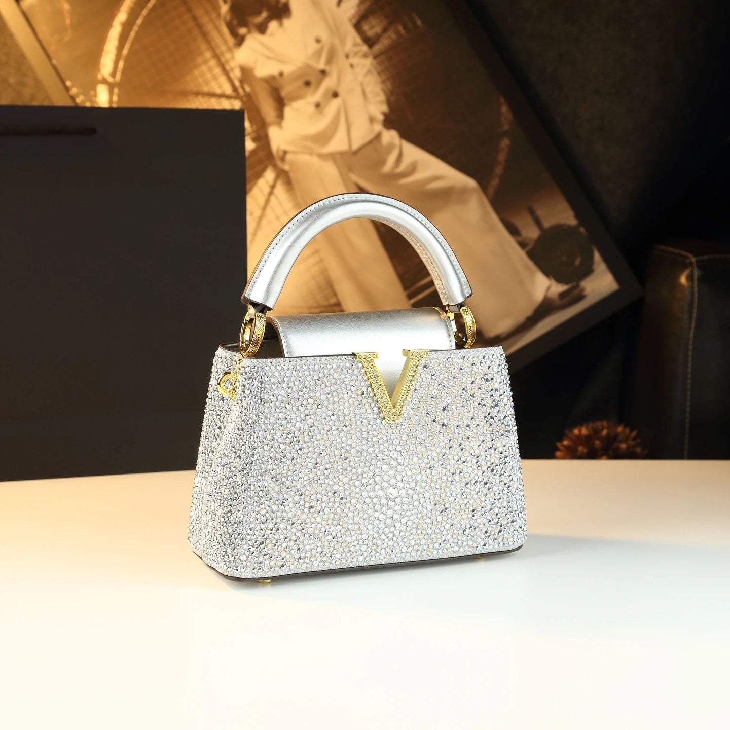 Genuine Leather V Letter Small Crossbody Bag - Diamonds Luxury Messenger Shell Bags