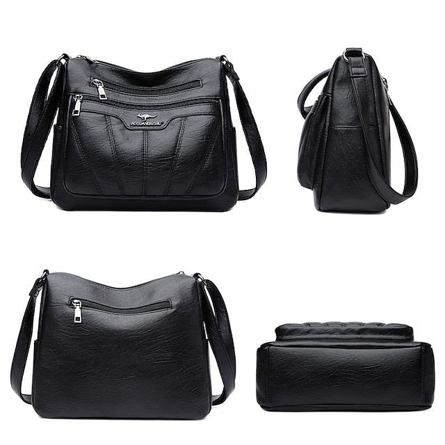 Women's Black Brown Crossbody Bag with Multiple Zippered Pockets