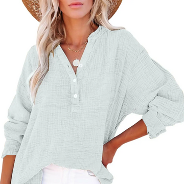 Breezia Luxe Women's Casual Gauze Button Neck Long Sleeve Blouse - Lightweight Everyday Comfort - 70% OFF