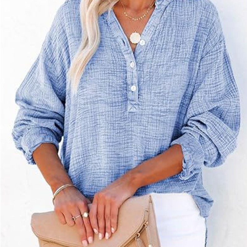 Breezia Luxe Women's Casual Gauze Button Neck Long Sleeve Blouse - Lightweight Everyday Comfort - 70% OFF