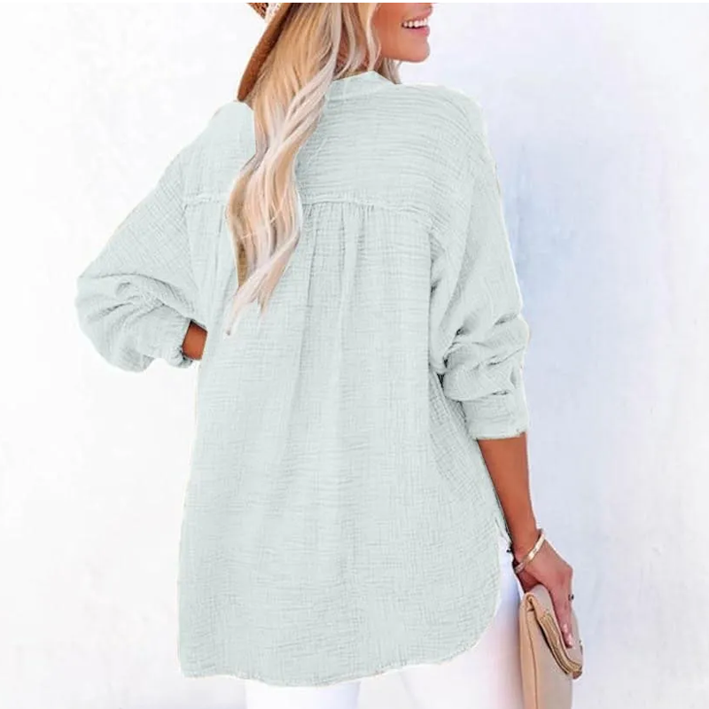 Breezia Luxe Women's Casual Gauze Button Neck Long Sleeve Blouse - Lightweight Everyday Comfort - 70% OFF
