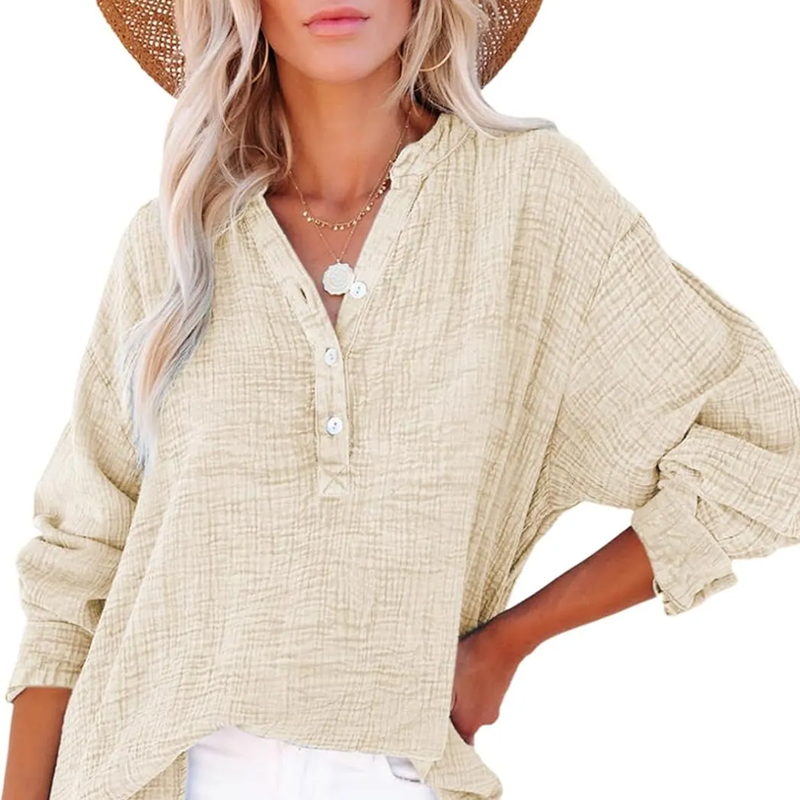Breezia Luxe Women's Casual Gauze Button Neck Long Sleeve Blouse - Lightweight Everyday Comfort - 70% OFF