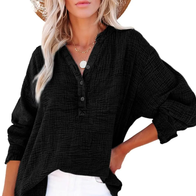 Breezia Luxe Women's Casual Gauze Button Neck Long Sleeve Blouse - Lightweight Everyday Comfort - 70% OFF