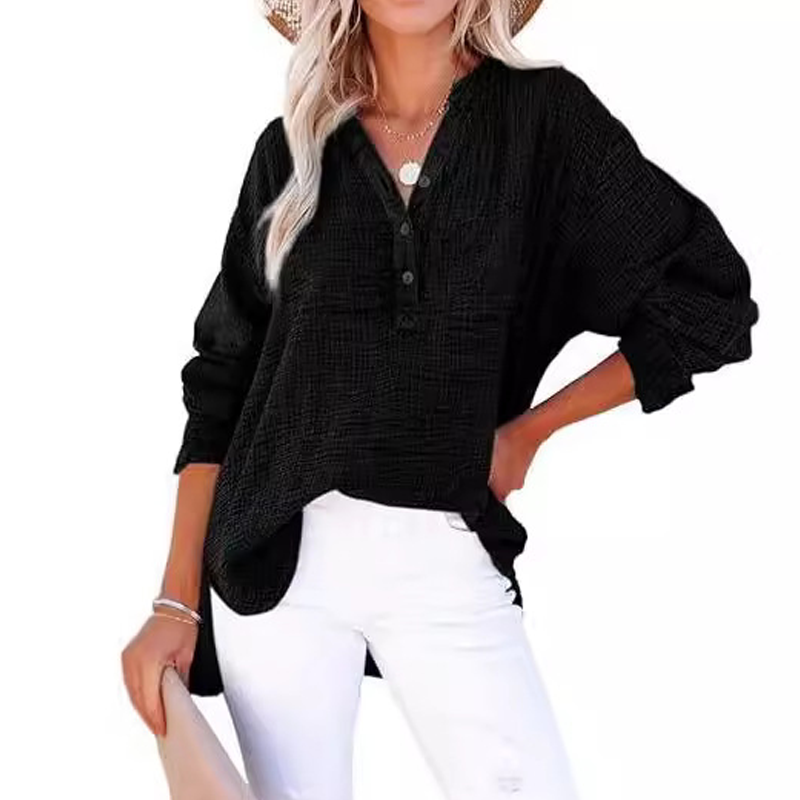 Breezia Luxe Women's Casual Gauze Button Neck Long Sleeve Blouse - Lightweight Everyday Comfort - 70% OFF