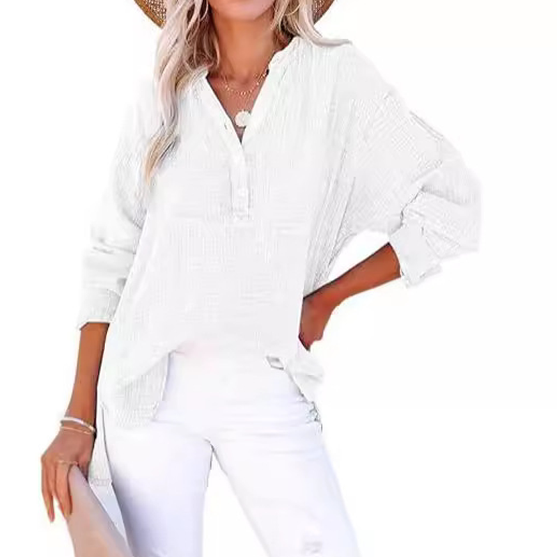 Breezia Luxe Women's Casual Gauze Button Neck Long Sleeve Blouse - Lightweight Everyday Comfort - 70% OFF